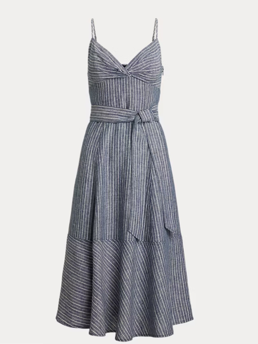 Ralph Lauren Navy and White Striped Linen Midi Dress with Self Tie